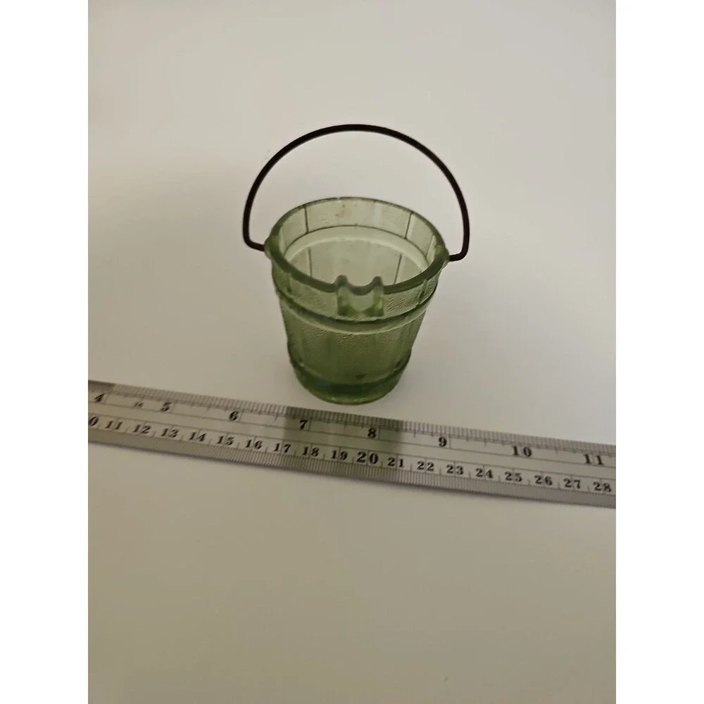 Vintage Hazel Atlas Little Bucket Ashtray With Handle Green Glass 2 3/8”